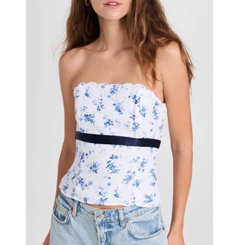 Reformation Evelyn Linen Scalloped Top - Viva